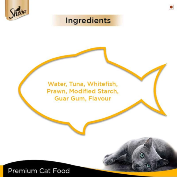 tuna & prawn in gravy I4 | ingredients | sheba | cat food | petzsetgo